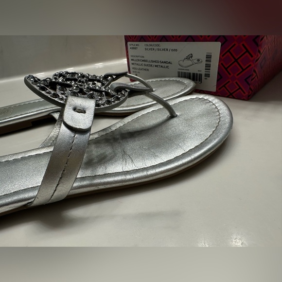 Tory Burch Miller Embellished Sandal-Metallic Suede Veg Leather #8 - Picture 15 of 15